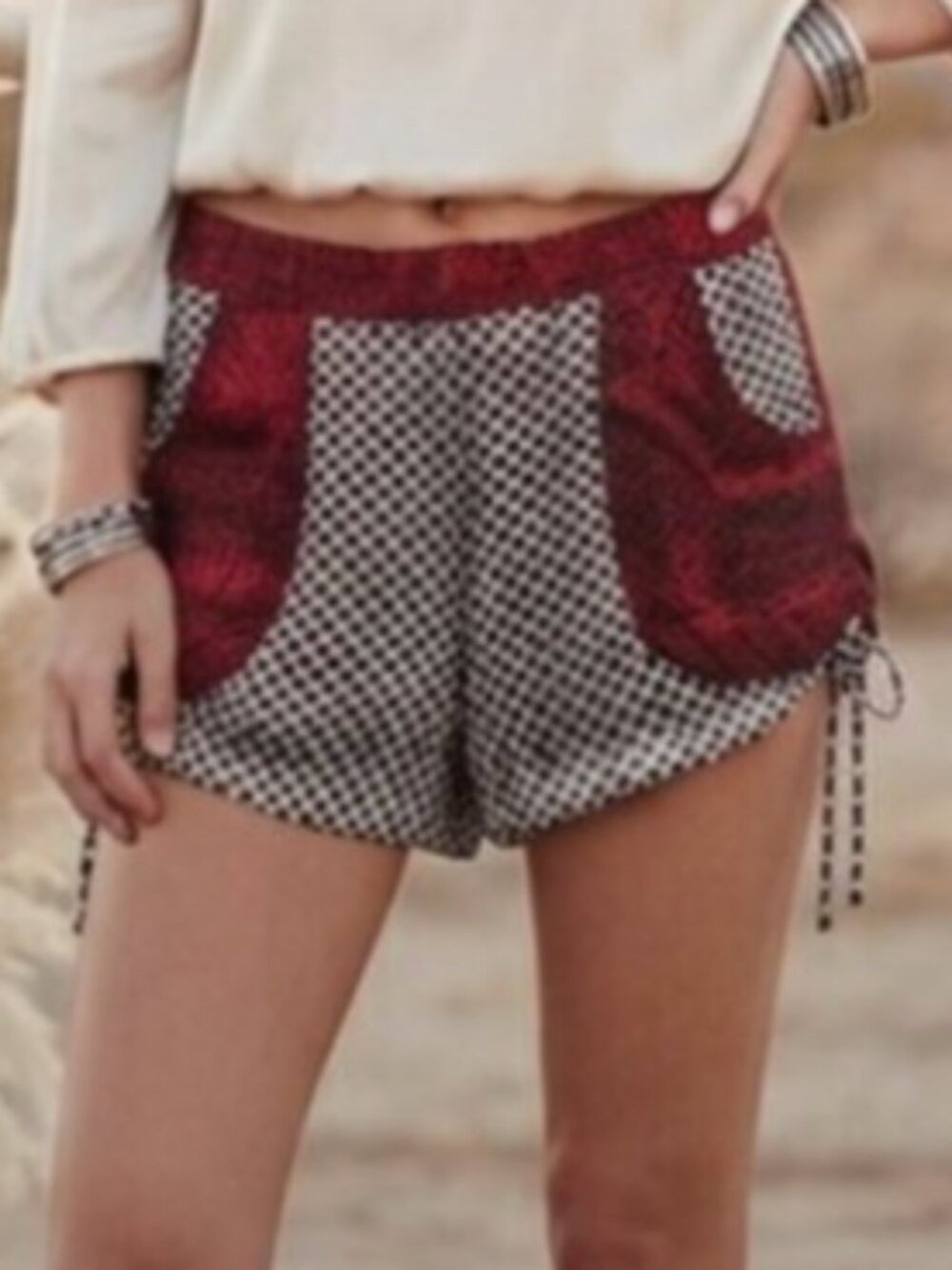Free People Red Black Patchwork Print Drawstring Shorts Size XSP